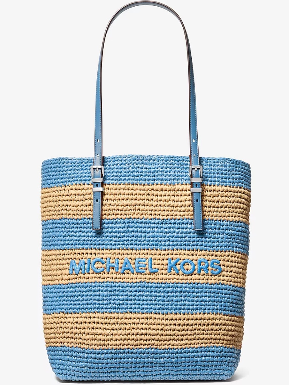 Michael Kors Quinn Striped Straw Tote Bag Cream & Blue - Picture 4 of 12